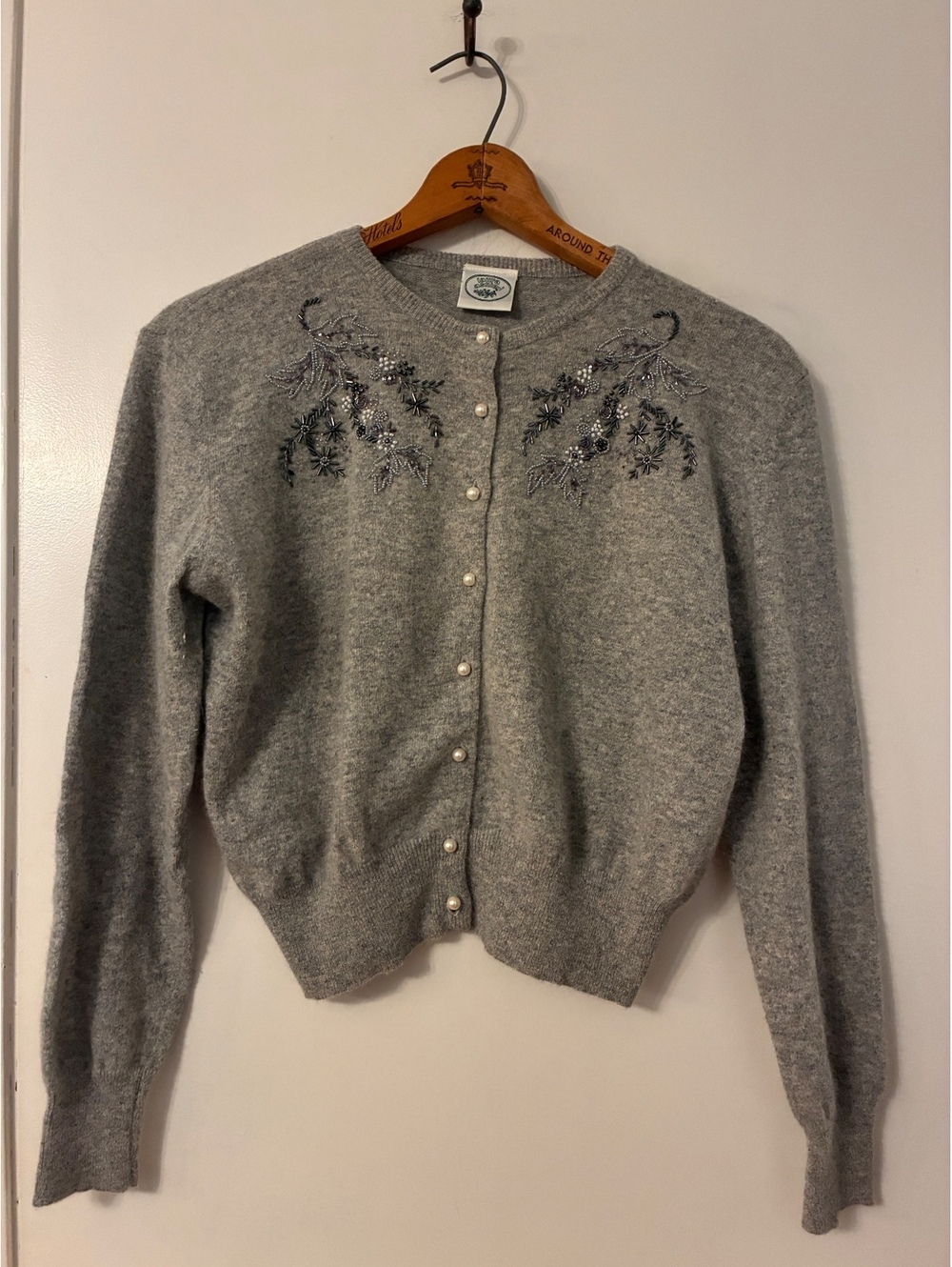 Vintage Laura Ashley Gray Beaded Floral Pearl Button Cardigan XS